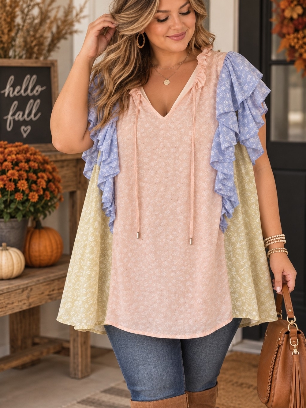 Entro 1X Plus Size Floral Colorblock Ruffle Sleeve Boho Tunic Top